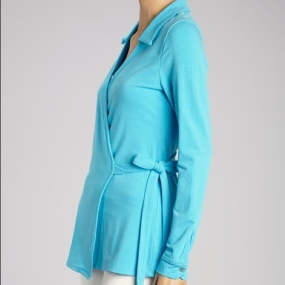 Fresh Produce NWT Delray Ocean Blue Hepburn Wrap Top Collared Size Medium - Picture 2 of 10